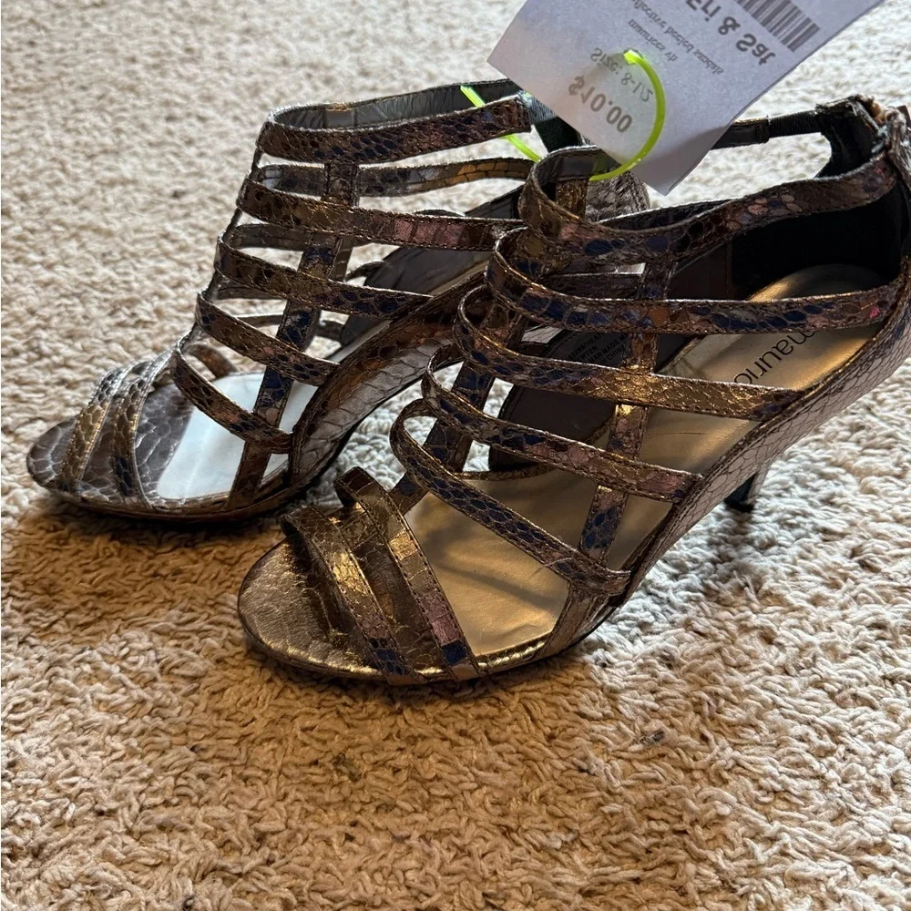 Maurices Metallic Snake-Print Strappy Heels in Bronze
